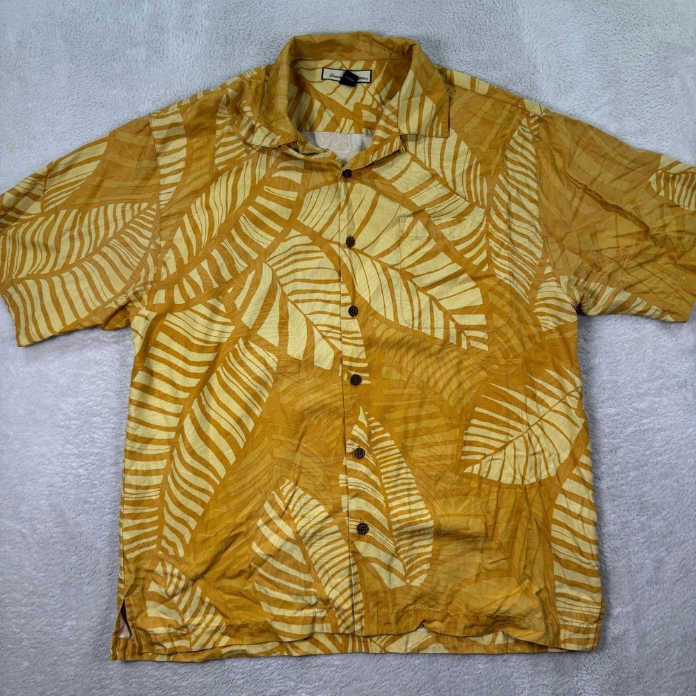 Tommy Bahama Silk Button Up Shirt Men's Large Gold Leaf Print Camp Collar Beach